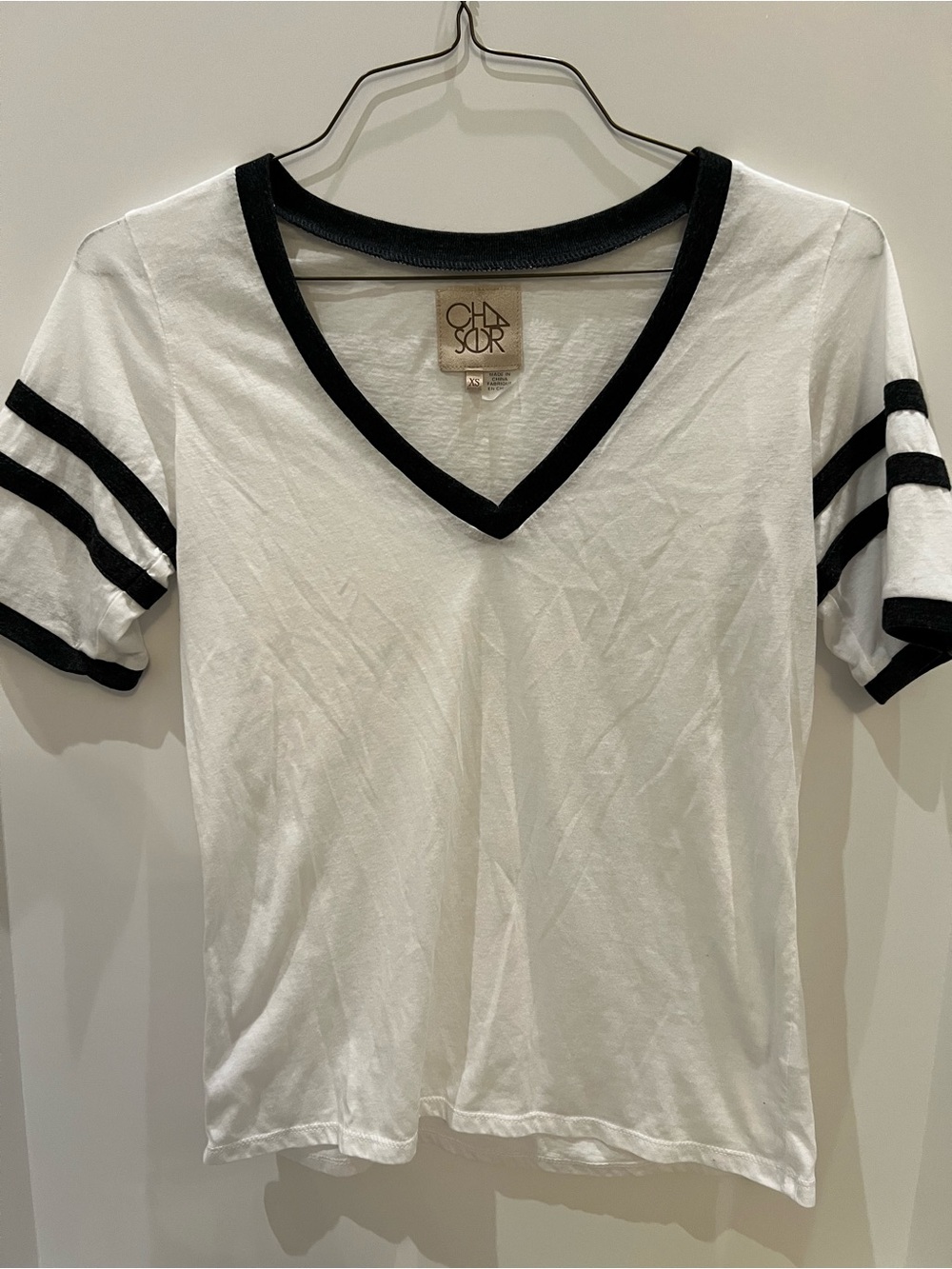 Chaser White V-Neck Tee with charcoal Trim